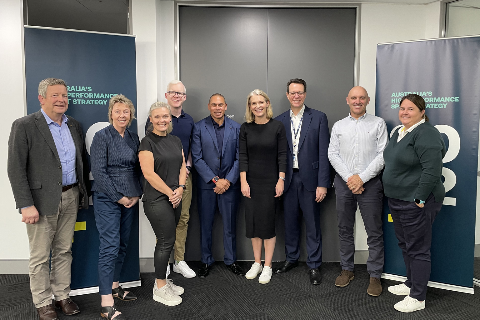 At the HP 2032+ Strategy Leadership Group meeting, from left, Australian Olympic Committee CEO Matt Carroll, Victorian Institute of Sport CEO Anne Marie Harrison, Paralympics Australia CEO Catherine Clark, Paralympian Chad Perris, Olympian and HP 2032+ Strategy ATSI Advisory Group Chair Patrick Johnson, EGM AIS Performance Matti Clements , ASC CEO Kieren Perkins OAM, Gymnastics Australia National High Performance Director Chris O’Brien and Swimming Australia High Performance Director Tamara Sheppard.